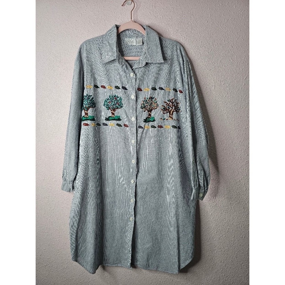 Go Softly Vintage Embroidered Cotton Night Shirt Dress XL Stripes Autumn Cottage